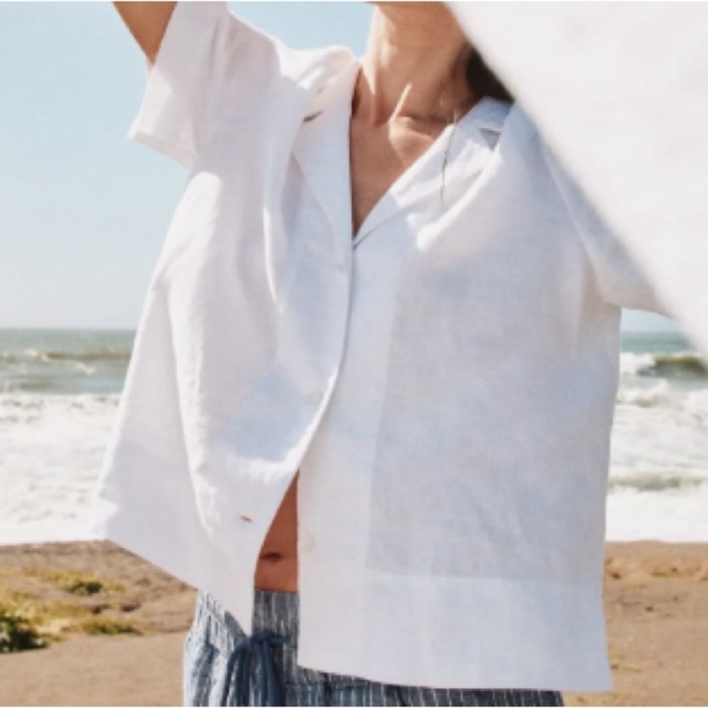 Quince 100% European Linen Short Sleeve Shirt White S Boxy Button Front - Picture 8 of 8